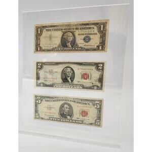US $1 1957 Blue Seal Silver Certificate w/ $2 1957 & $5 1963 Red Seal Bills